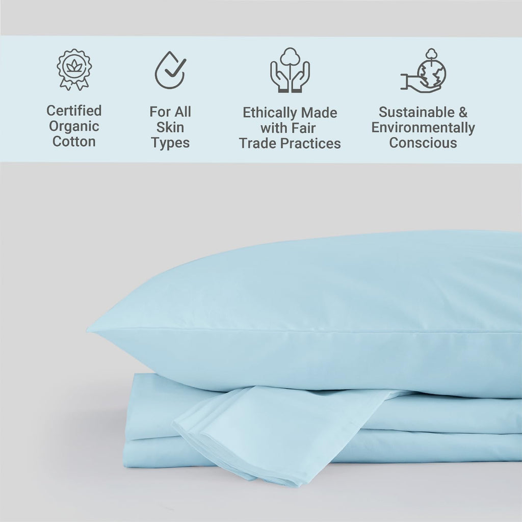 Fabdreams 100% Organic Cotton Percale Weave Queen Size Sheet Set | 300 Thread Count | GOTS Certified | Long Staple Cotton | Cool Crisp Breathable | Fits Upto 17' Deep Pocket | Light Blue