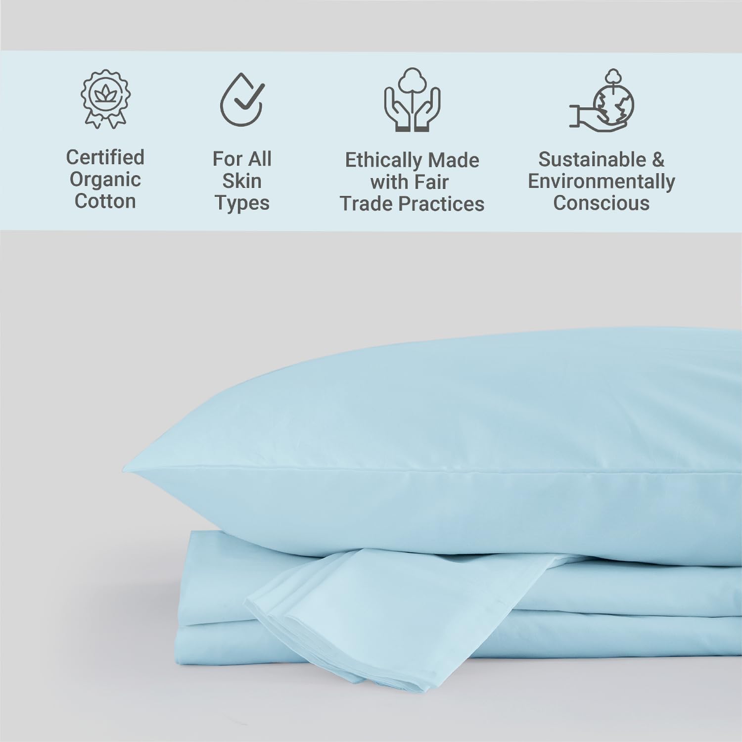 Fabdreams 100% Organic Cotton Percale Weave Queen Size Sheet Set | 300 Thread Count | GOTS Certified | Long Staple Cotton | Cool Crisp Breathable | Fits Upto 17' Deep Pocket | Light Blue