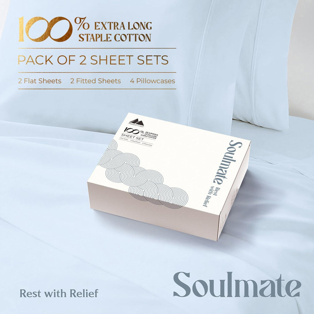 Mayfair Linen 100% Egyptian Cotton 2 Pack Full Sheet Set - Luxury 500 Series Soulmate Collection Cotton Sheets Full Size (8 PC, Light Blue), Silky Soft, Cooling 16' Deep Pocket Hotel Quality Sheet
