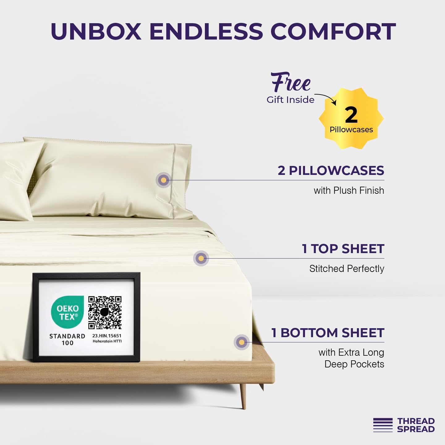 THREAD SPREAD 100% Egyptian Cotton California King Sheets Set - 2000 Series Luxury Cal King Bed Sheets, Soft & Cooling Sateen Weave, 17' Extra Deep Pocket Hotel Collection Sheet (4 Pc, Ivory)