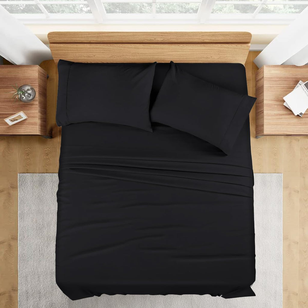 1000 Series- Extra Long Staple 100% Egyptian Cotton Sheet Set,Sateen Weave, Hotel Quality Soft Luxury Bedding, Queen Size 4 Piece Sheet Set Fit 15' Inch to 18' Deep Black Solid.