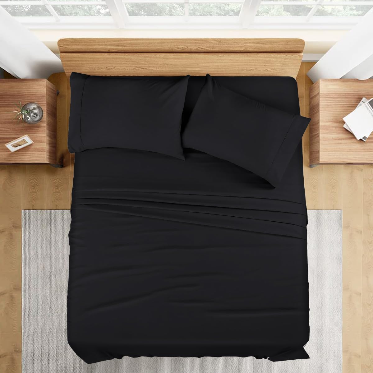 1000 Series- Extra Long Staple 100% Egyptian Cotton Sheet Set,Sateen Weave, Hotel Quality Soft Luxury Bedding, Queen Size 4 Piece Sheet Set Fit 15' Inch to 18' Deep Black Solid.