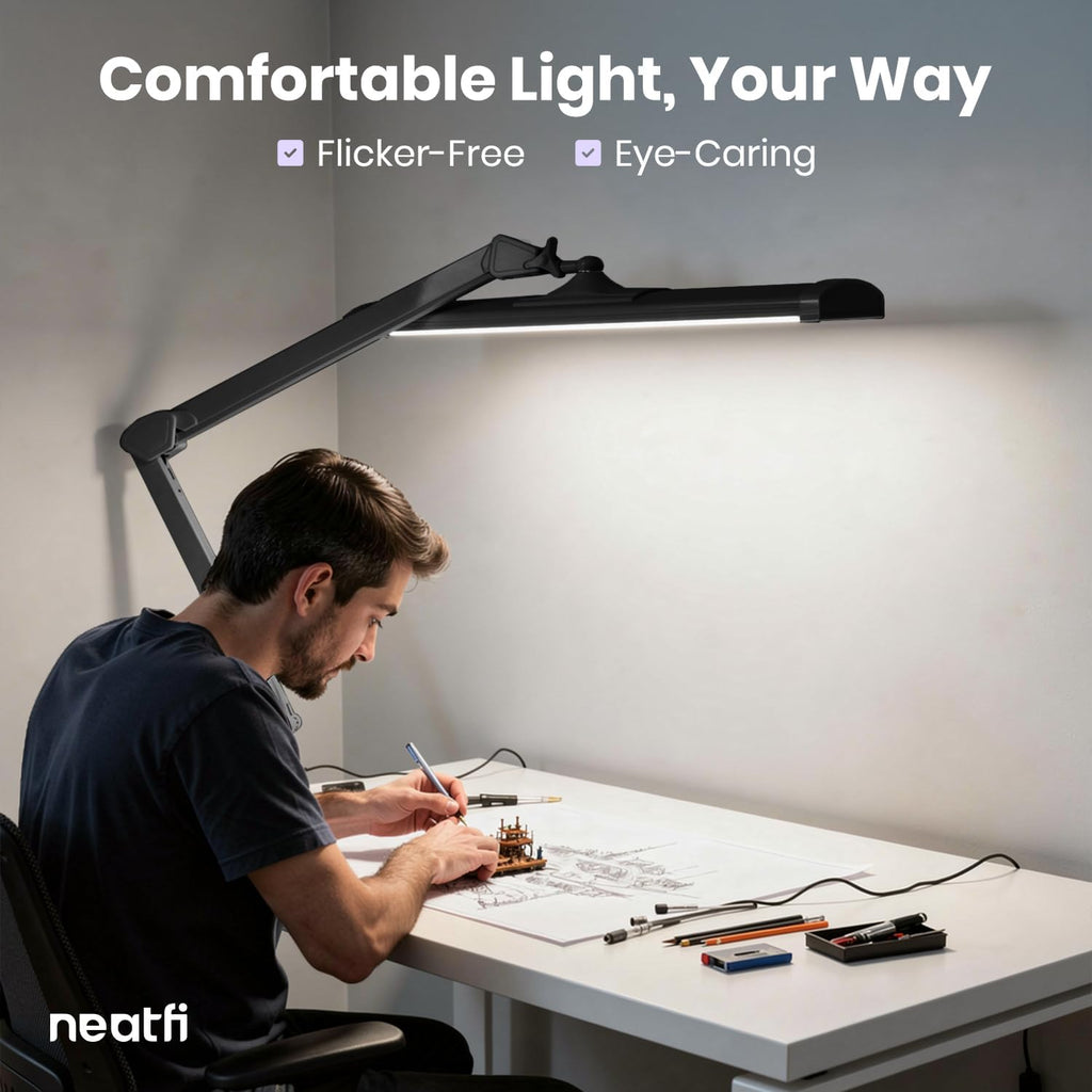 Neatfi 3,500 Lumens LED Desk Lamp – 45W Dimmable Task Light | Adjustable Color Temperature | 3 Light Modes | 540 SMD LEDs | Reading, Craft, Workbench & Office (Black-CCT, 26-Inch Wide Shade)