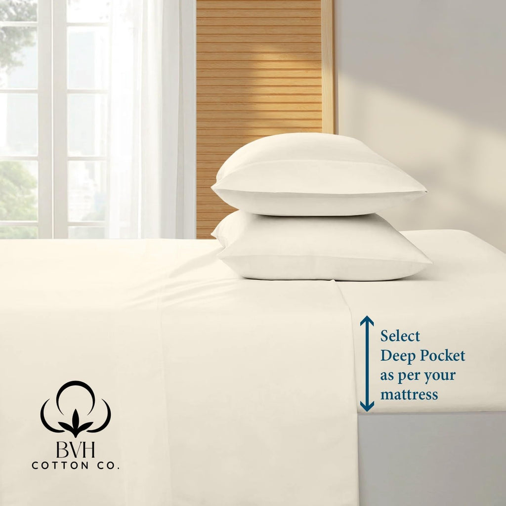 Egyptian Cotton Queen Size Sheet Set, 4Pc Bed Set, Soft & Breathable Percale Weave, Fits 10-12' Deep Pocket, Hotel-Quality 1000 Series Bed Sheets (Solid, Ivory)