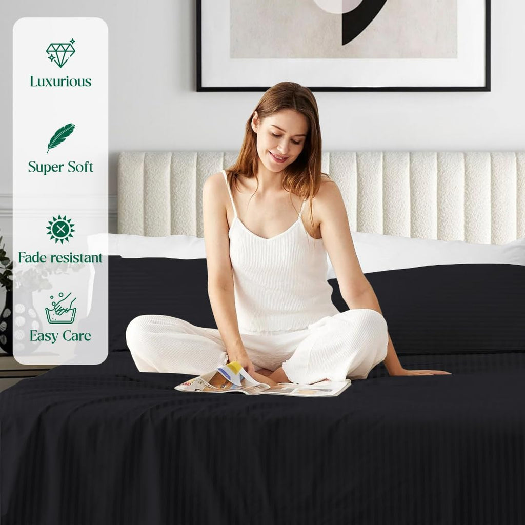 1000 Series- Extra Long Staple 100% Egyptian Cotton Sheet Set,Sateen Weave, Hotel Quality Soft Luxury Bedding, Twin Size 4 Piece Sheet Set Fit 15' Inch to 18' Deep Black Stripe.