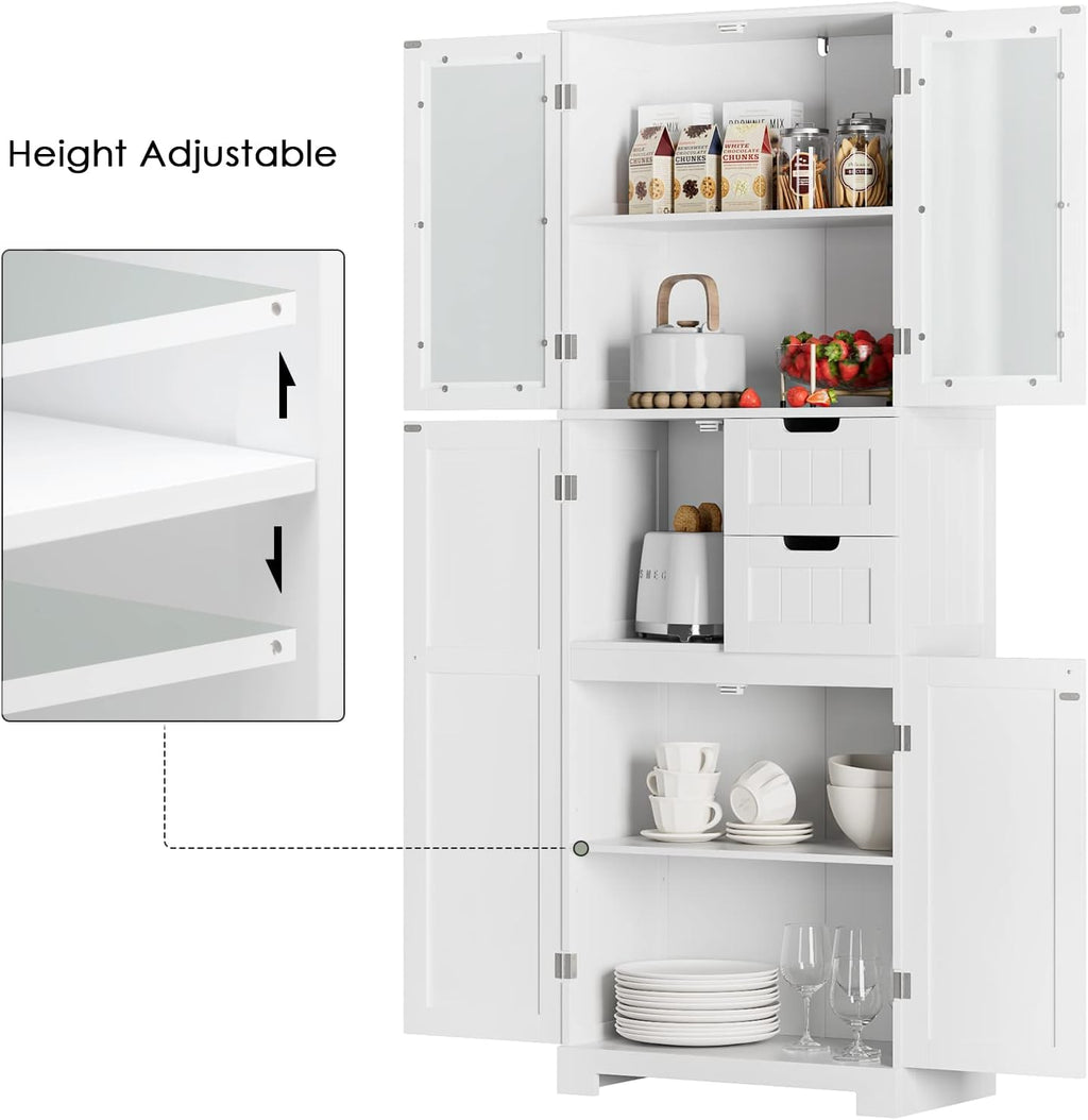 BOTLOG 67'' Tall Bathroom Storage Cabinet, Linen Cabinet with Glass Doors and Adjustable Shelves, Kitchen Pantry with 2 Drawers for Bathroom, Living Room, Dining Room, White
