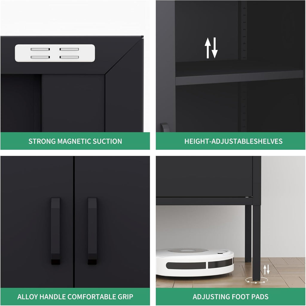 Bathroom Floor Storage Cabinet, 40' H Metal Locker, Small Black Cabinets with 2 Adjustable Shelves & 4 Doors,Freestanding Sideboard,Pantry Food Cabinet for Hallway,Home Office, Kitchen