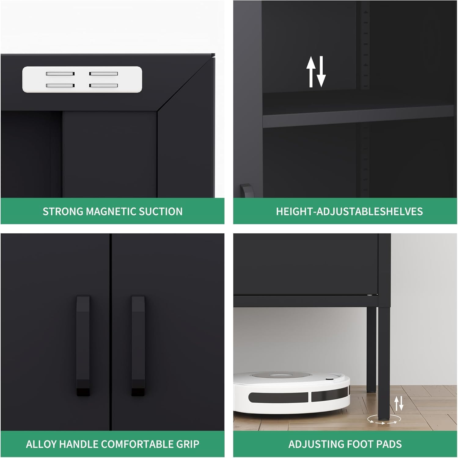 Bathroom Floor Storage Cabinet, 40' H Metal Locker, Small Black Cabinets with 2 Adjustable Shelves & 4 Doors,Freestanding Sideboard,Pantry Food Cabinet for Hallway,Home Office, Kitchen