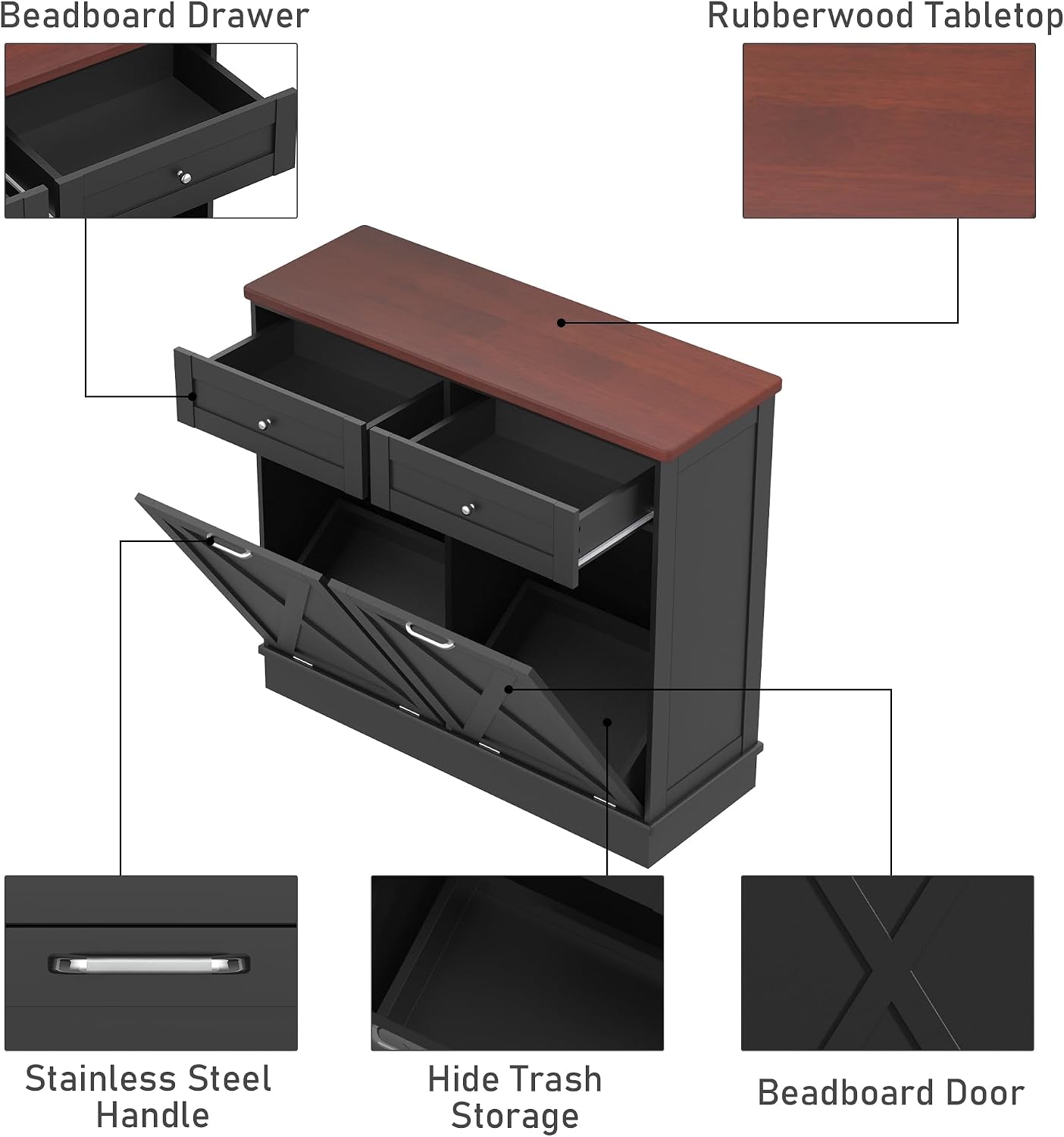 TOLEAD Double Tilt Out Trash Cabinet Free Standing 10 Gallon Recycling Trash Can Cabinet with Barn Door for Farmhouse Kitchen,Living Room, Dining Room, Black