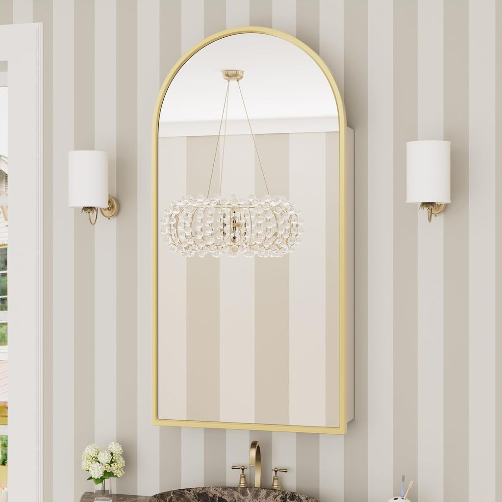 WallBeyond Bathroom Medicine Cabinet with Mirror, 17x34 Inch Gold Recessed Medicine Cabinet with Arch Aluminum Alloy Metal Framed, Single Door Modern Medicine Cabinet with Storage