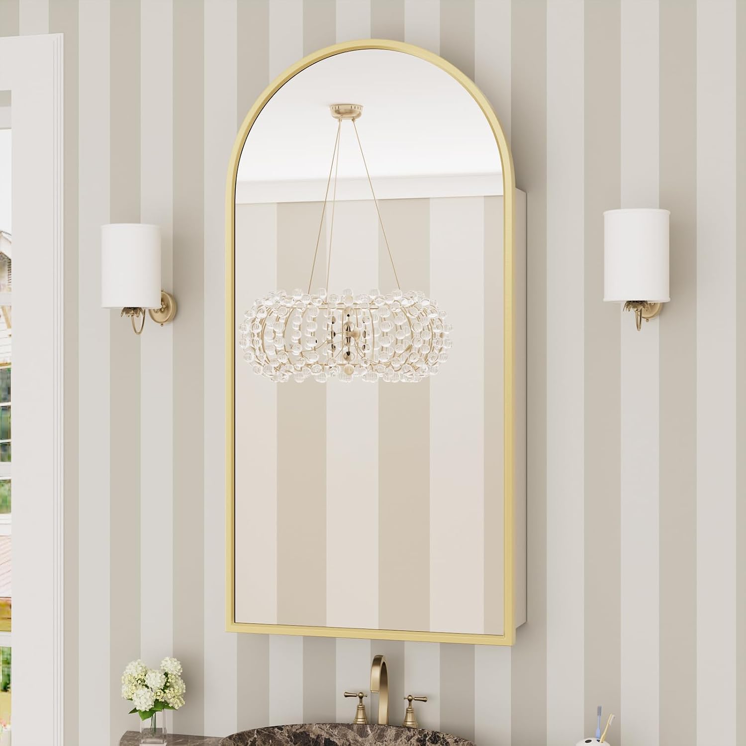 WallBeyond Bathroom Medicine Cabinet with Mirror, 17x34 Inch Gold Recessed Medicine Cabinet with Arch Aluminum Alloy Metal Framed, Single Door Modern Medicine Cabinet with Storage