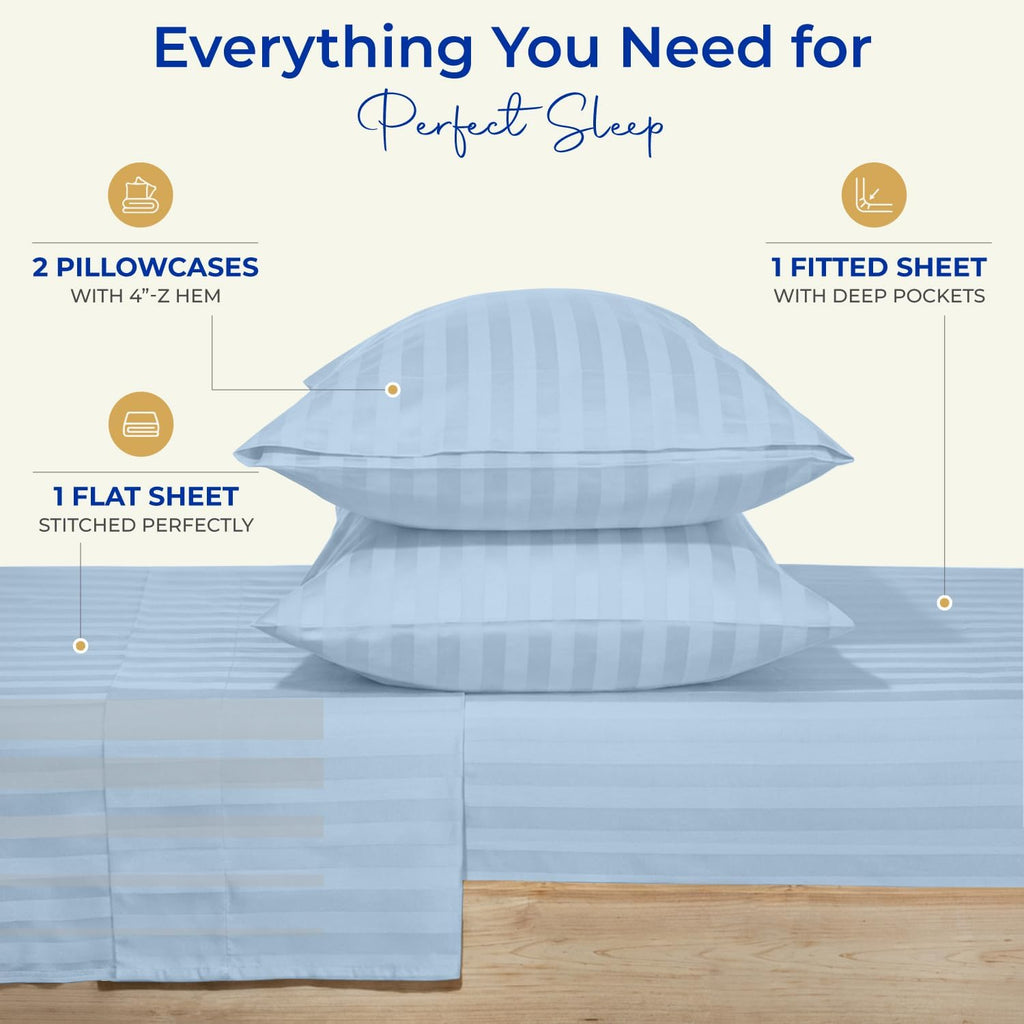 THREAD SPREAD Queen Sheet Set, Luxury 1000 Series Paradise Collection 100% Egyptian Cotton Damask Striped Bed Sheets Queen Size (4 PC, Light Blue Stripe), Cooling 16' Deep Pocket Hotel Sheet Set
