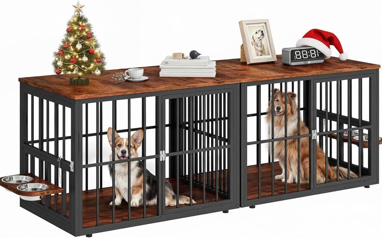 YITAHOME 77.6' Large Corner Dog Crate Furniture for 2 Dogs, Steel Frame Cage with Double Doors & Bowls & 3 Doors, Double Dog Crate Furniture TV Stand for Medium Large Dogs, Brown