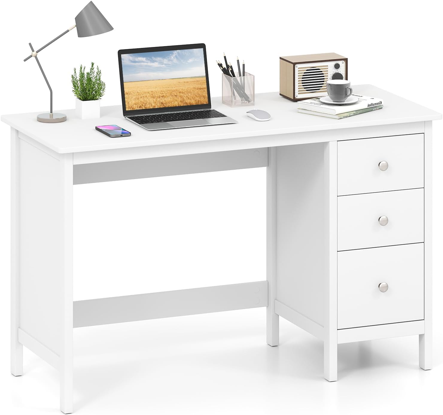 Giantex White Desk with Drawers, 48 Inch Home Office Desk with Anti-Toppling Device, Multifunctional Computer Workstation, Wood Study Writing Desk for Small Spaces, Bedroom