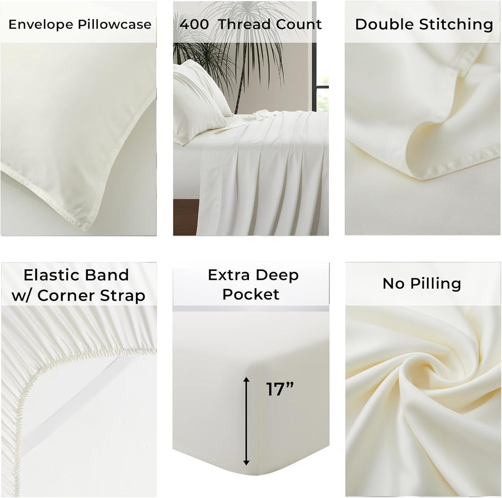 |Twin Size Sheet Set | Organically Grown | Ultra Soft & Cooling |100% Viscose | 17' Deep Pocket [Ivory]