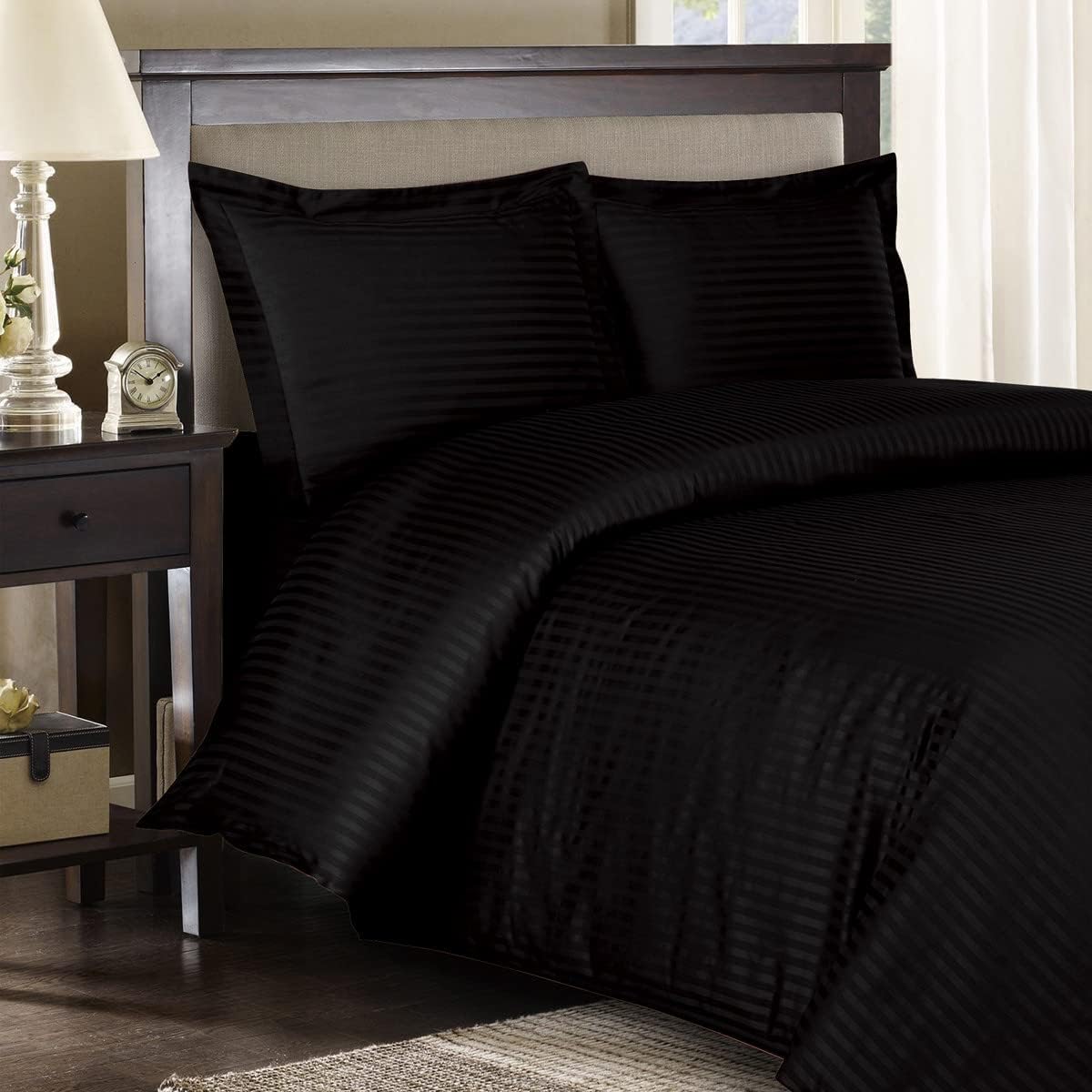Royal Hotel Bedding Stripe Cotton Duvet Cover Set with Down Comforter Duvet Insert, Cal-King Size Black Striped, 300 Thread Count, Soft Cooling Breathable 4PC Bedding Set