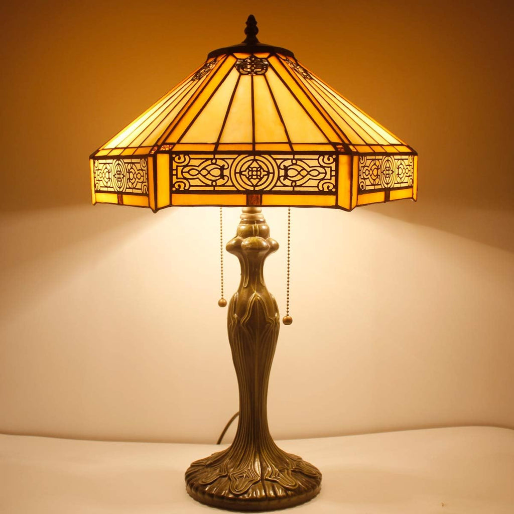 WERFACTORY Tiffany Table Lamp Yellow Hexagon Stained Glass Bedside Lamp Mission 16X16X24 Inches Desk Reading Light Metal Base Decor Bedroom Living Room Home Office S011 Series