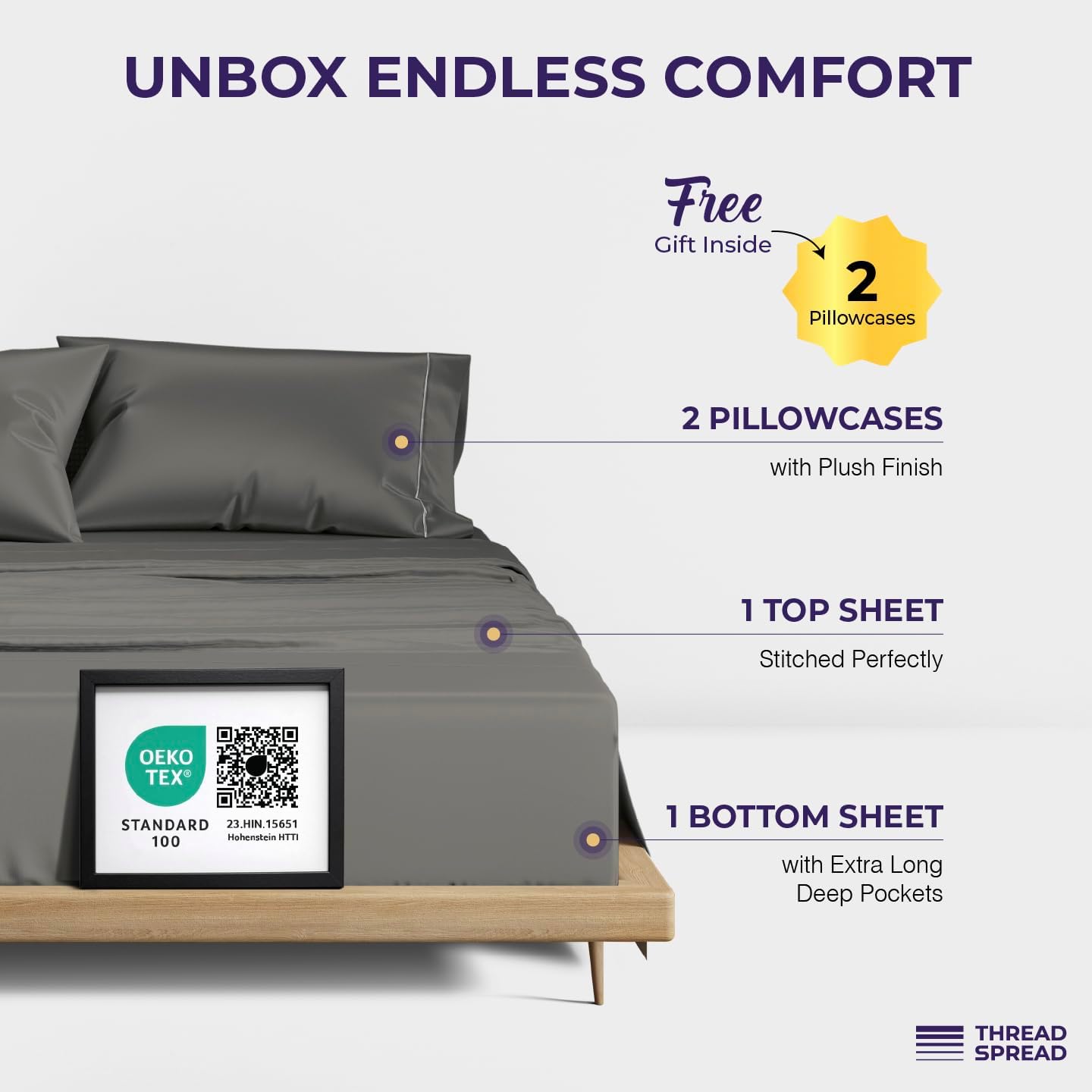 THREAD SPREAD 100% Egyptian Cotton Queen Sheet Set - 2000 Series Luxury Sheets Queen Size Bed Set (4 PC, Dark Grey), Silky Soft & Cooling Sateen Weave, 17 Inch Extra Deep Pocket Hotel Collection Sheet