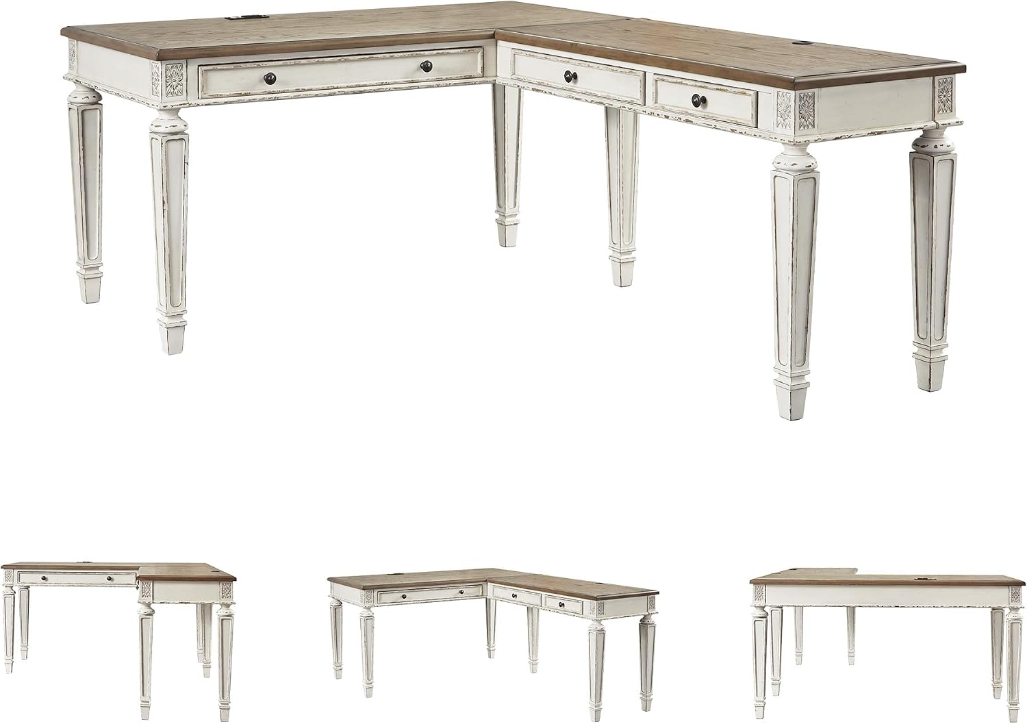 Signature Design by Ashley Realyn Cottage L-Shaped Distressed 2-Piece Home Office Desk with Power Supply and USB Ports, White & Light Brown