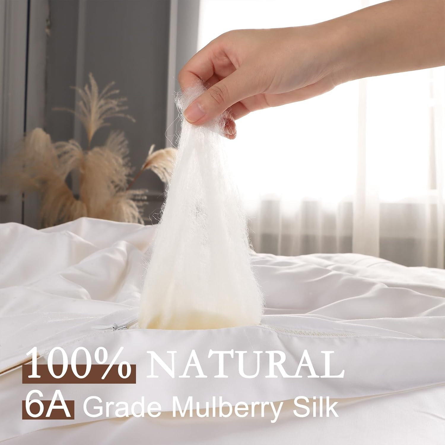 YOUR MOON Pure Mulberry Silk Comforter Queen Size for All Season, Natural Long Strand Silk Fill Duvet, Luxury Mulberry Silk Bedding, Noiseless Smooth Jacquard Rayon Derived from Bamboo Shell(White)