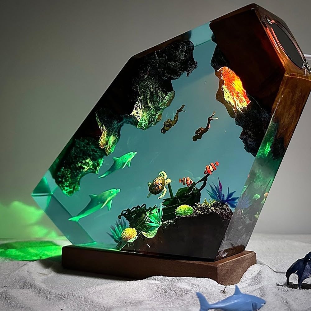 3D Resin Night Light,Ocean Theme LED Lighting epoxy Resin Decorative Light with Wooden Base, Suitable for Home Office Desk Decoration, is a Creative Birthday Gift for Women and Men.