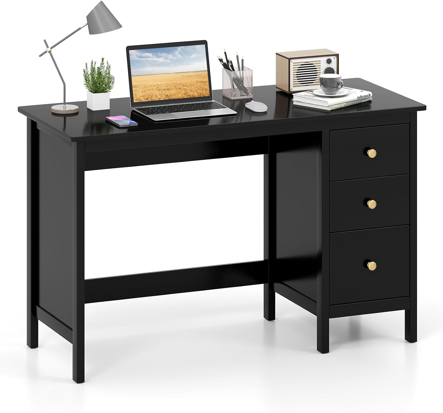 Giantex Black Desk with Drawers, 48 Inch Home Office Desk with Anti-Toppling Device, Multifunctional Computer Workstation, Wood Study Writing Desk for Small Spaces, Bedroom