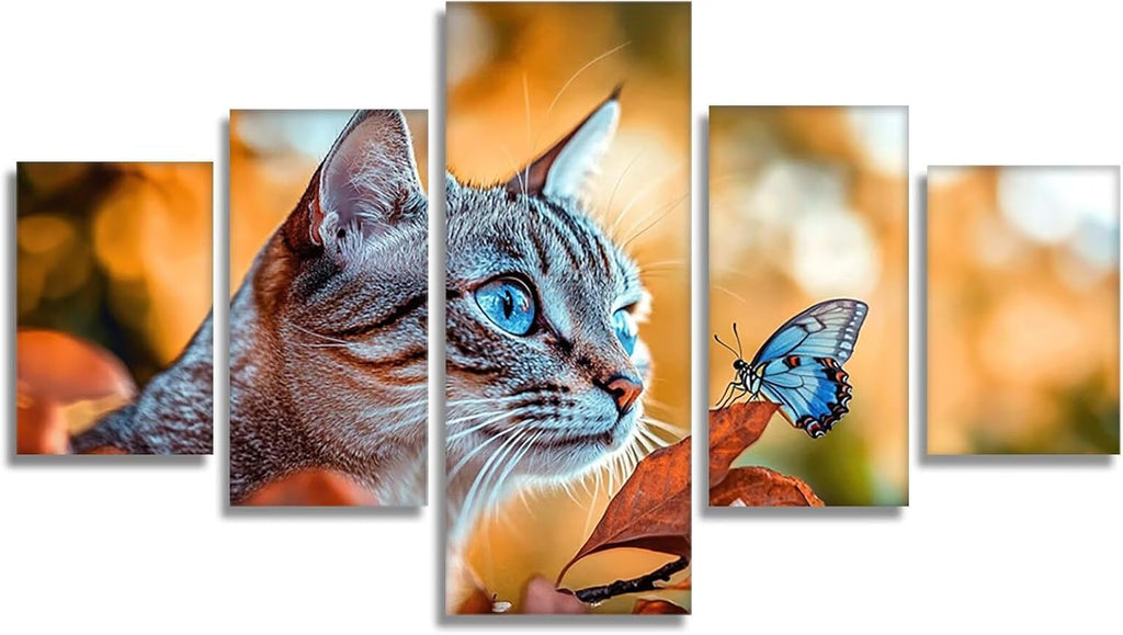 Cat Diamond Art 5 Piece Diamond Painting Butterfly 5D DIY Full Round Drill Dimond Art Paintings Rhinestones Crafts for Adults Gem Painting for Home Decor, Large Artwork for Wall 36 x 70 Inch, Model297