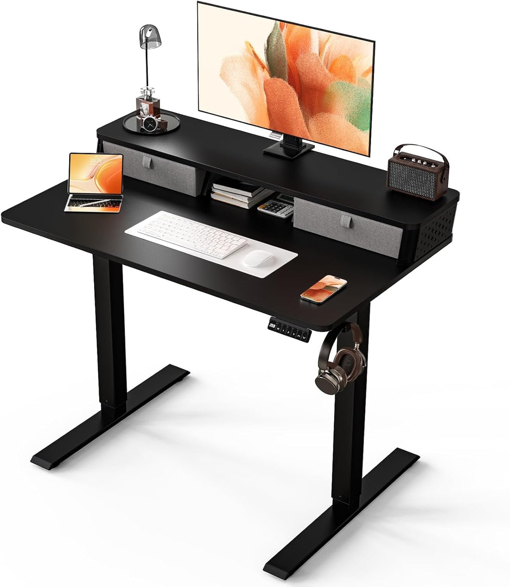 Kingant 40 x 24 Inch Small Electric Standing Desk with Dual Drawers, Height Adjustable Sit to Stand Computer Desk with Storage Shelf and C-Clamp Mount Compatibility for Home Office, Black
