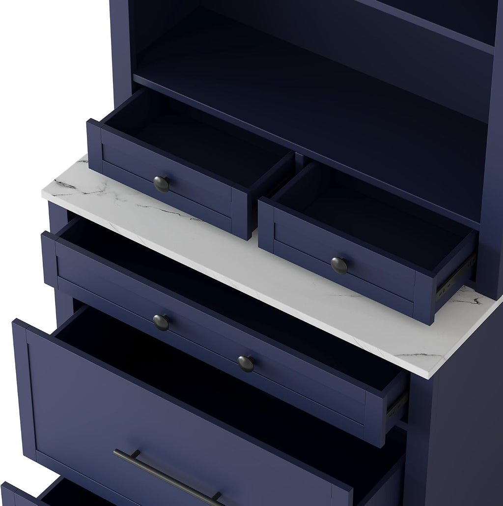 Modern 83.7inch High Kitchen Pantry, Freestanding Tall Kitchen Hutch with Faux Marble Top, Cupboard Cabinet with 5 Storage Drawers and Adjustable Shelf (Blue-4)
