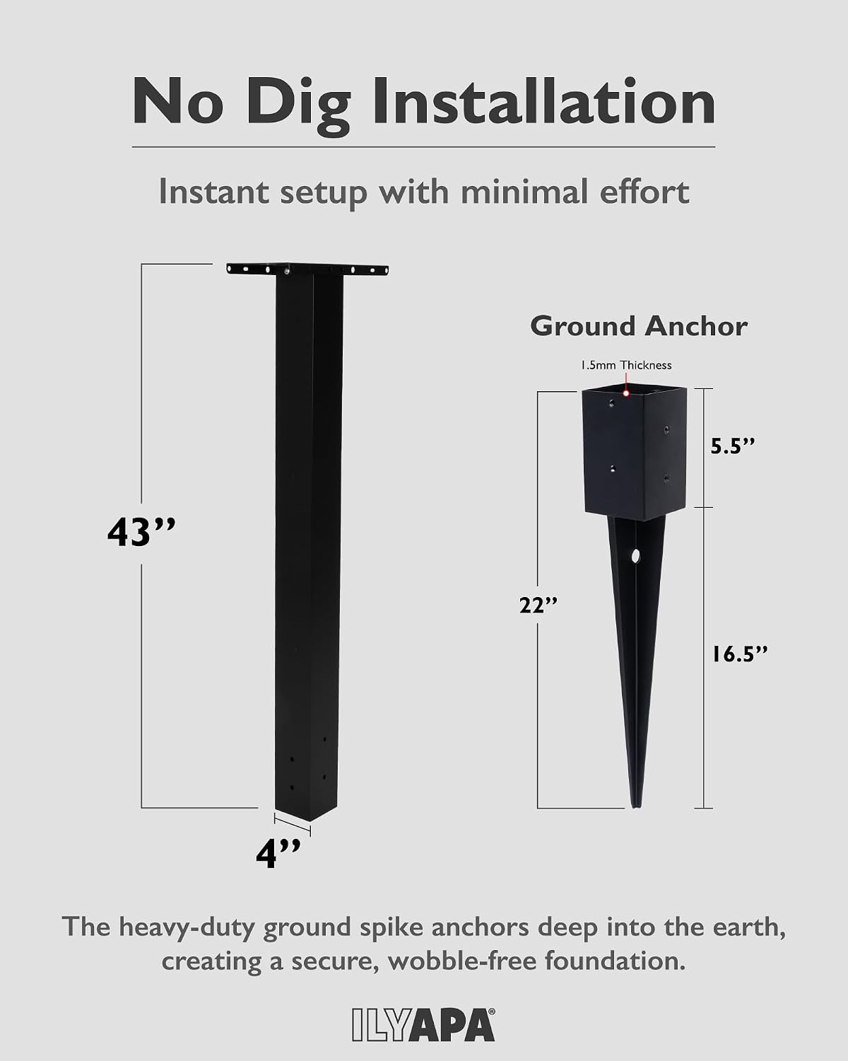Ilyapa No Dig Mailbox Post for Outside, 43x4x4 inch Metal Post with 16 in. Ground Anchors & Two Universal Mailbox Mounting Bracket for Modern & Traditional Residential Mailboxes