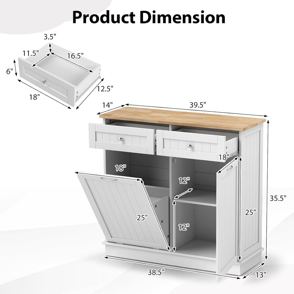 POWERSTONE Hidden Tilt Out Trash Cabinet Kitchen Island with 2 Drawers & Adjustable Shelf, Rubber Wood Countertop, Freestanding Laundry Hamper Recycle Bins, Pet Proof Garbage Can Holder White