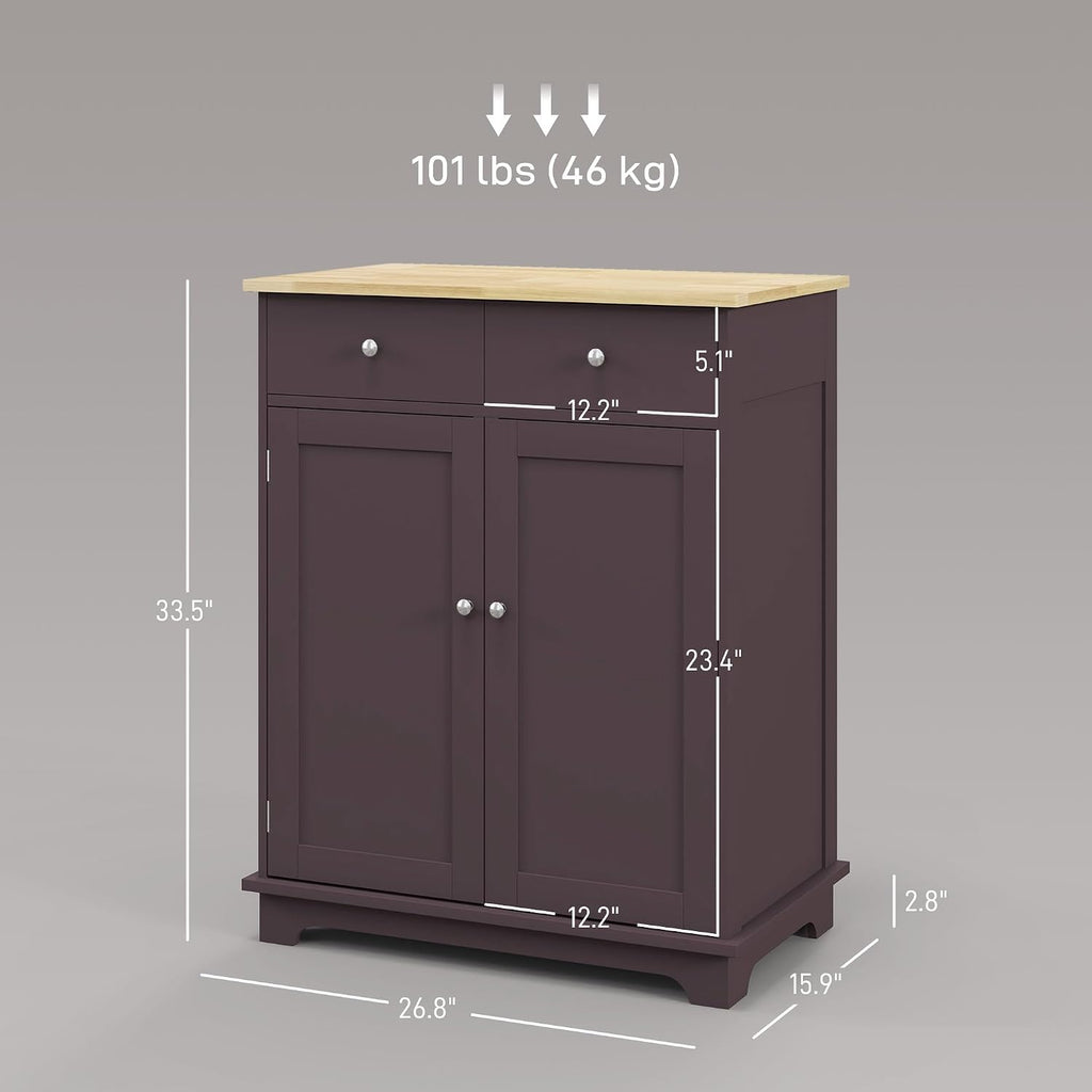HOMCOM Sideboard Buffet Cabinet with Solid Wood Countertop, Modern Kitchen Storage Cabinet, Coffee Bar Cabinet with 2 Drawers, Doors and Adjustable Shelf, Coffee