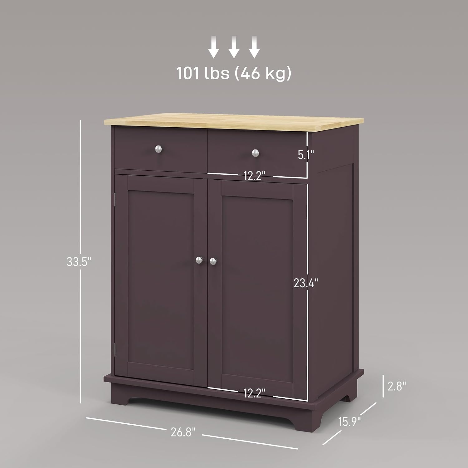 HOMCOM Sideboard Buffet Cabinet with Solid Wood Countertop, Modern Kitchen Storage Cabinet, Coffee Bar Cabinet with 2 Drawers, Doors and Adjustable Shelf, Coffee