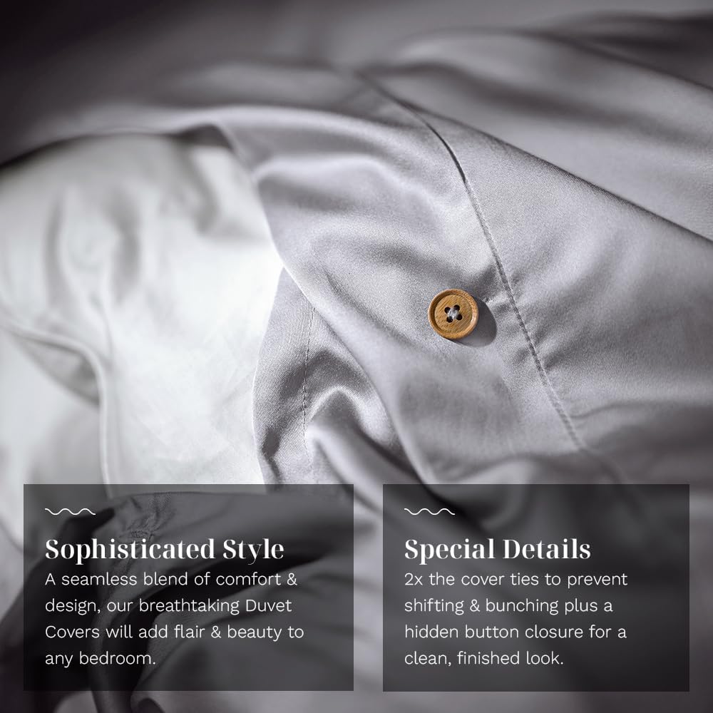 LUXOME Luxury Duvet Cover | Oversized Fit | 100% Viscose from Bamboo | Silky Soft Feel | Thermal-Regulating | 2X Cover Ties | Full/Queen - 90'x98' | Stone