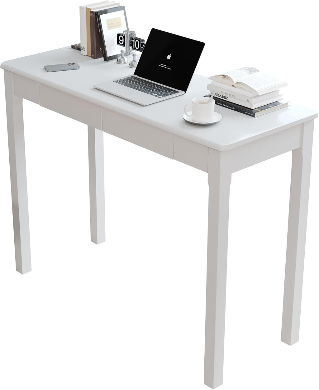 Solid Wood Desk with Drawers - 39' Narrow Desks for Small Spaces, Mid Century Modern Desks, Small Wooden Vintage Computer Writing Desk, Study Table for Home Office Bedroom, White