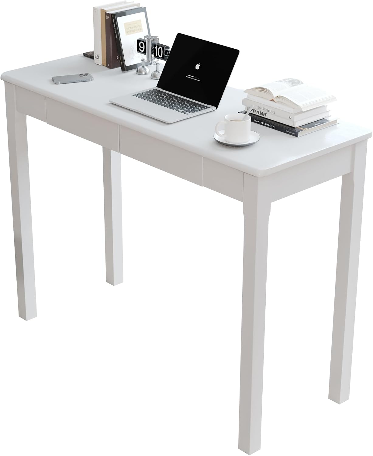 Solid Wood Desk with Drawers - 39' Narrow Desks for Small Spaces, Mid Century Modern Desks, Small Wooden Vintage Computer Writing Desk, Study Table for Home Office Bedroom, White