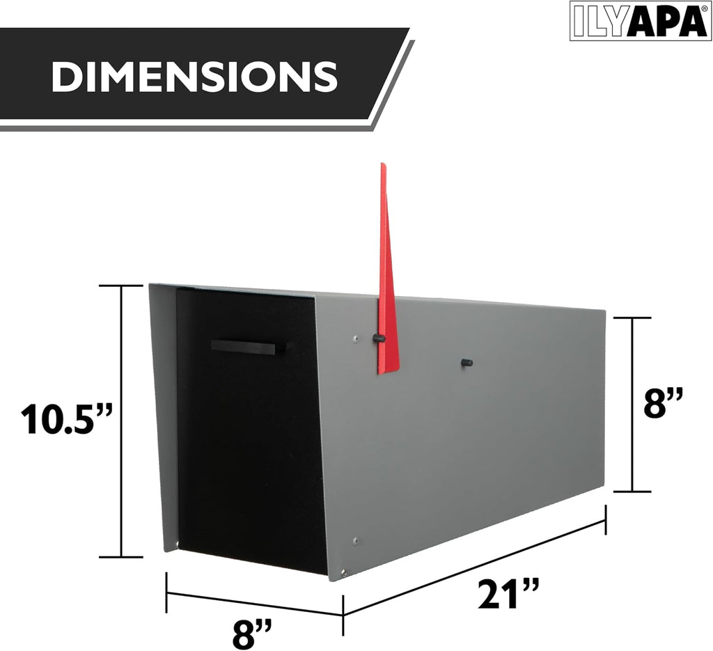 Ilyapa Modern Mailbox with Angle Design Post Mount - Gray Powder Coated Metal Mailbox with Black Door - Waterproof for Parcels, with Magnetic Door