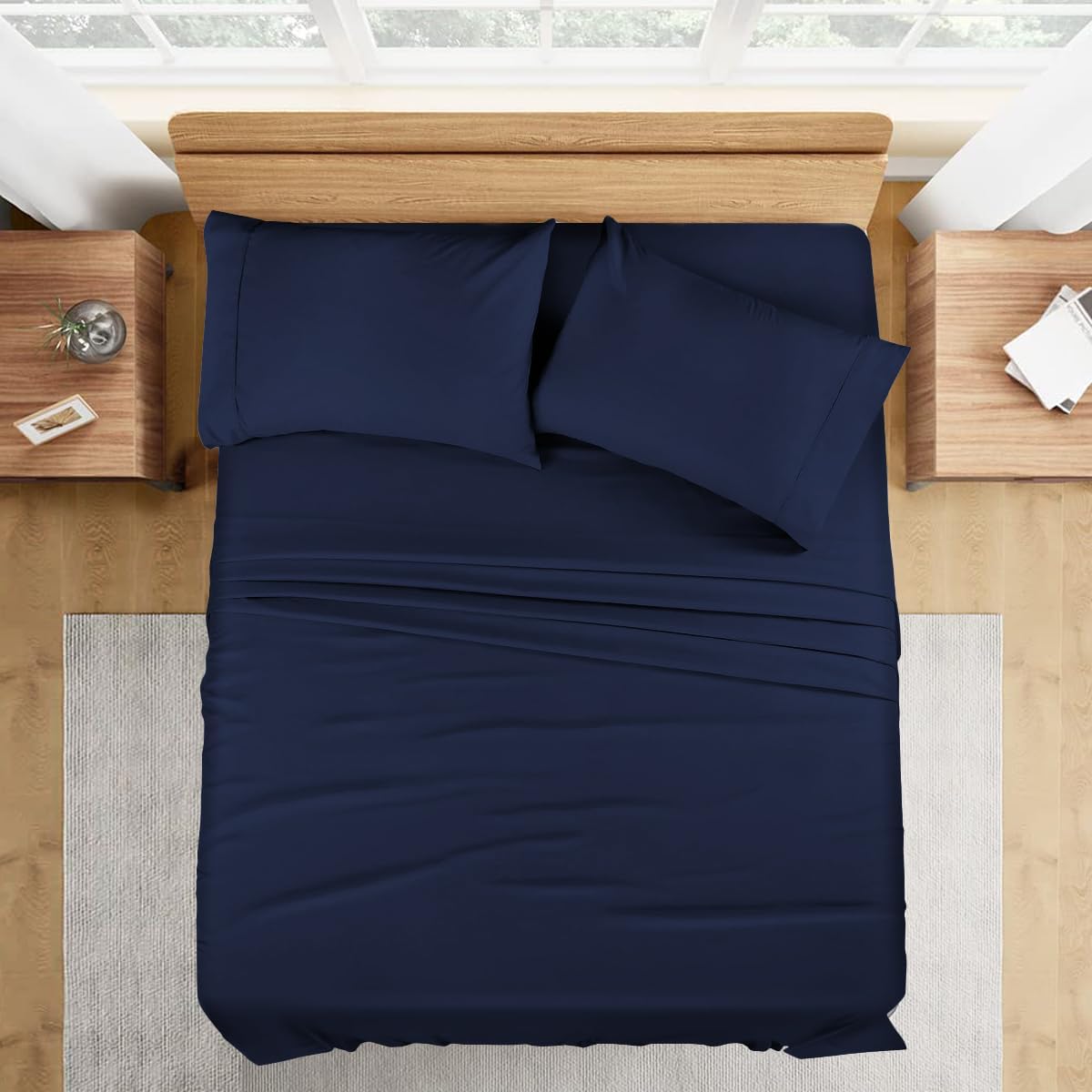 1000 Series- Extra Long Staple 100% Egyptian Cotton Sheet Set,Sateen Weave, Hotel Quality Soft Luxury Bedding, Queen Size 4 Piece Sheet Set Fit 15' Inch to 18' Deep Navy Blue Solid.