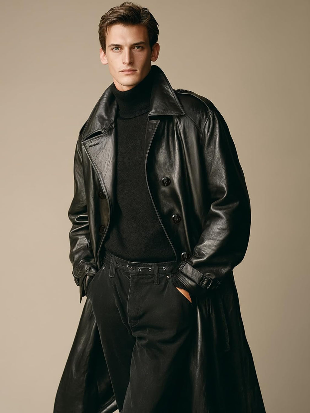 Men's Casual Long Leather Trench Coat, Slim Fit Double Breasted Notched Lapel Belt Black Full Length Jacket Overcoat