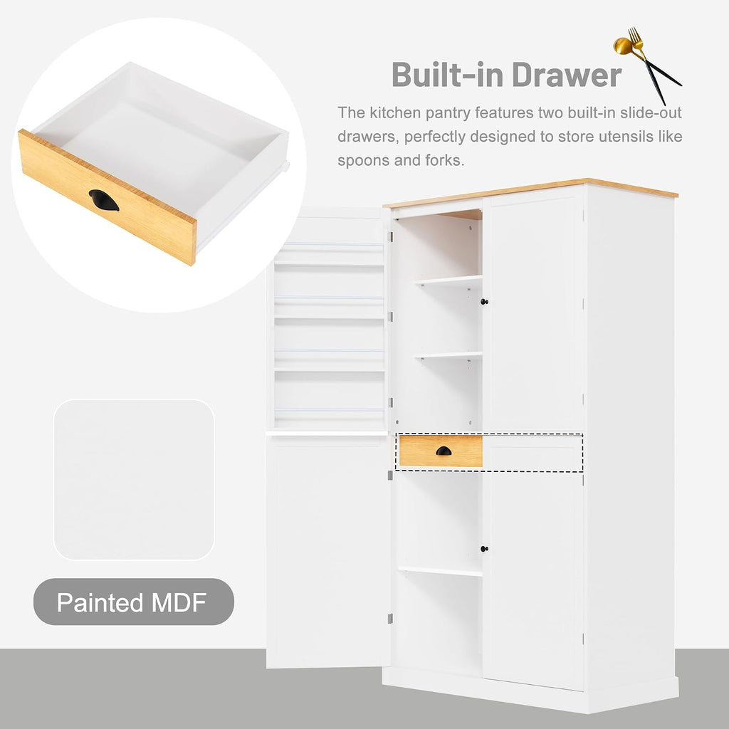 71.3inch Farmhouse Kitchen Pantry, Freestanding Large Cupboard Storage Cabinet with 2 Drawers and 2 Adjustable Shelves, Wood Storage Cabinet with 8 Door Shelves for Kitchen, Dining Room (White-2)