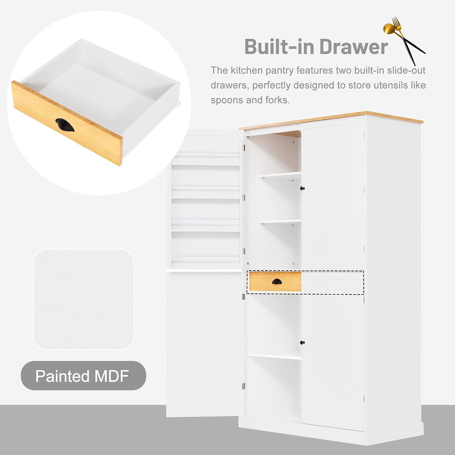 71.3inch Farmhouse Kitchen Pantry, Freestanding Large Cupboard Storage Cabinet with 2 Drawers and 2 Adjustable Shelves, Wood Storage Cabinet with 8 Door Shelves for Kitchen, Dining Room (White-2)
