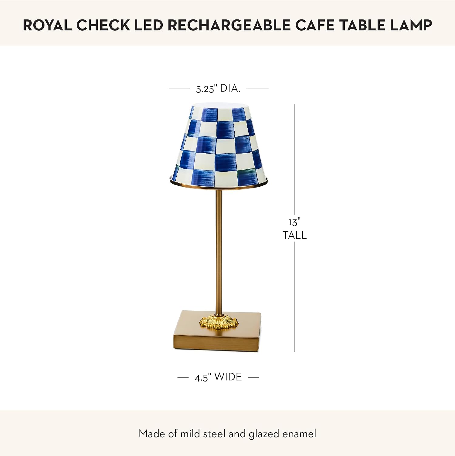 MACKENZIE-CHILDS LED Rechargeable Cafe Table Lamp, Cordless Decorative Lamp, Blue-and-White Royal Check