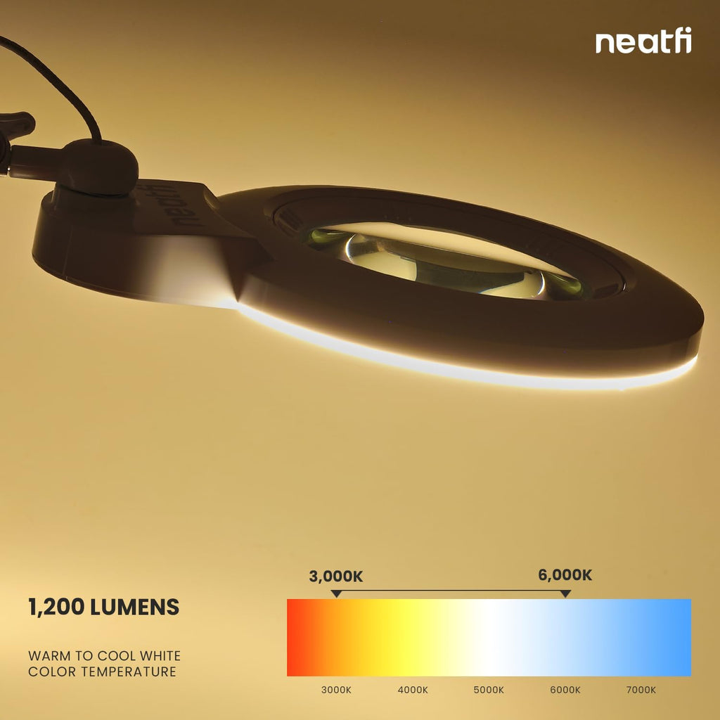 Neatfi (New Model) 1,200 Lumens LED Magnifying Lamp with Clamp, 8 Diopter, Correlated Color Temperature Control, 12W, 120 Pcs SMD LED (White, 5 Inch Lens)