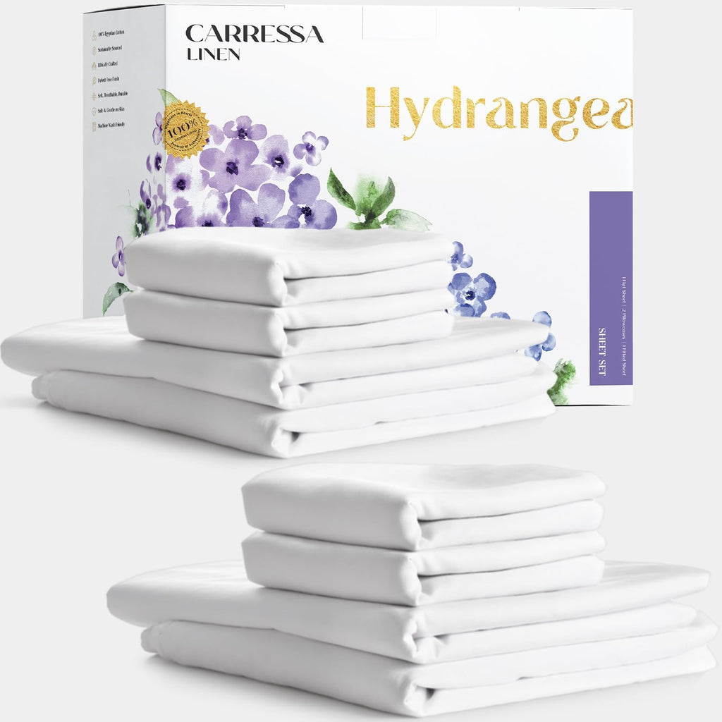 Carressa Linen 100% Egyptian Cotton Queen Sheet Set - 600 Series Hydrangeas Collection Egyptian Cotton Queen Sheets Set (8 PC, Crisp White), 16' Deep Pocket Sateen Weave Luxury Hotel Bed Sheet