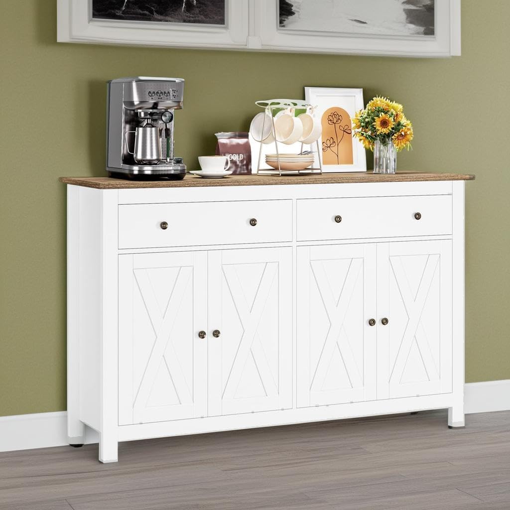 FOTOSOK Sideboard Buffet Cabinet with Storage, 55' Large Kitchen Storage Cabinet with 2 Drawers and 4 Doors, Wood Coffee Bar Buffet Table Console Table for Kitchen Dining Room, White