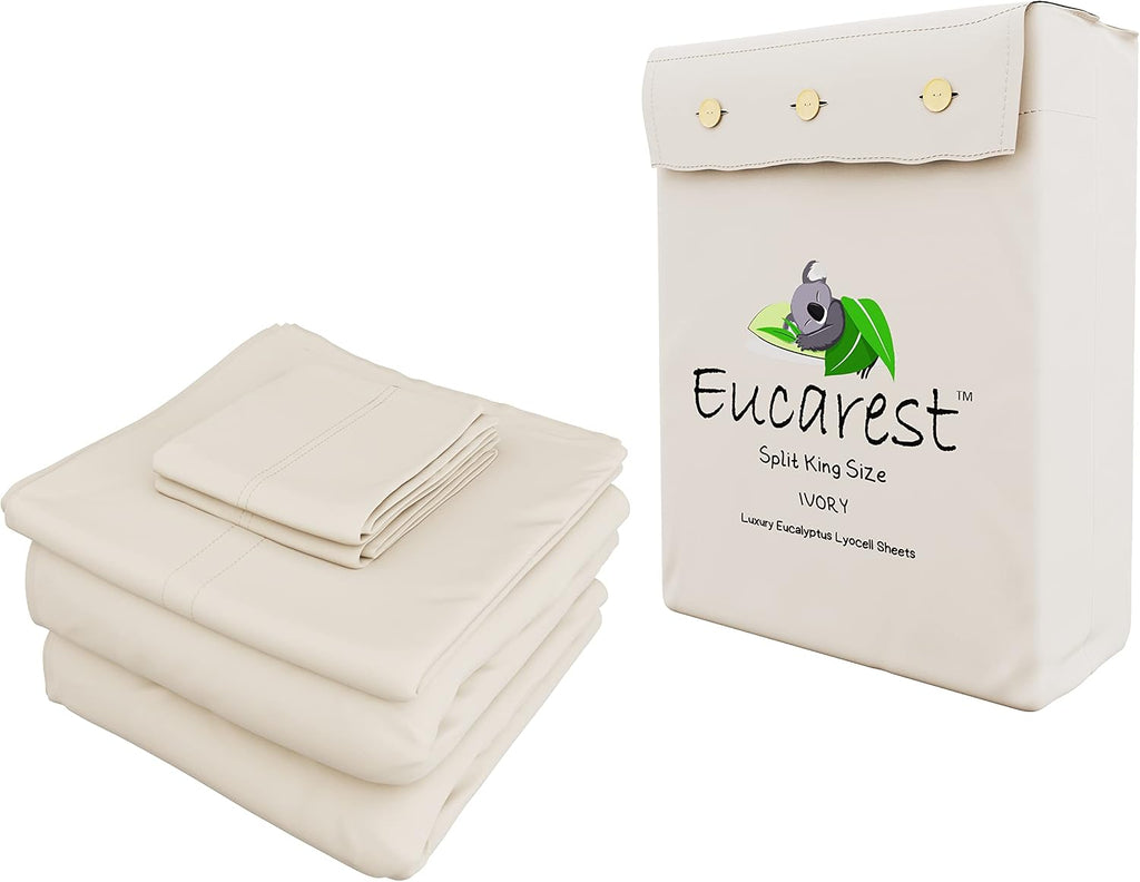 Split-King Eucalyptus Lyocell Bed Sheets, Hypoallergenic 100% Organic Tencel, Thermal Regulating and Moisture Wicking for Hot Sleepers, Superior Thread Quality, Extra Deep Pockets - Ivory