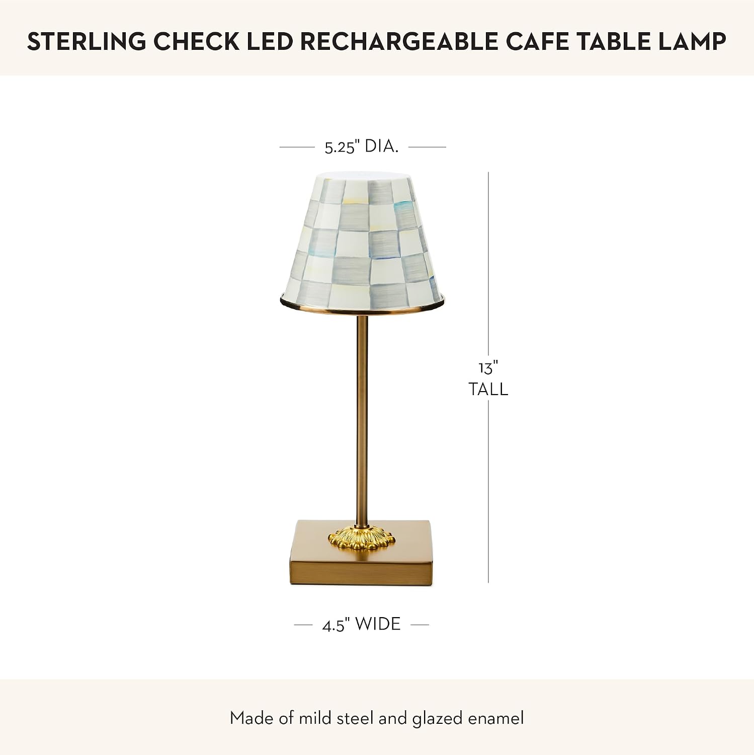 MACKENZIE-CHILDS LED Rechargeable Cafe Table Lamp, Cordless Decorative Lamp, Gray-and-White Sterling Check