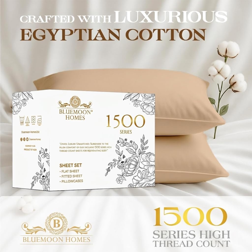 Bluemoon Homes Queen Size 4 Piece Sheet Set - 100% Egyptian Cotton Sheets - 1500 Series - Breathable & Cooling - Hotel Luxury Bedding Set - 16' Deep Pockets, Queen Sheet - Beige