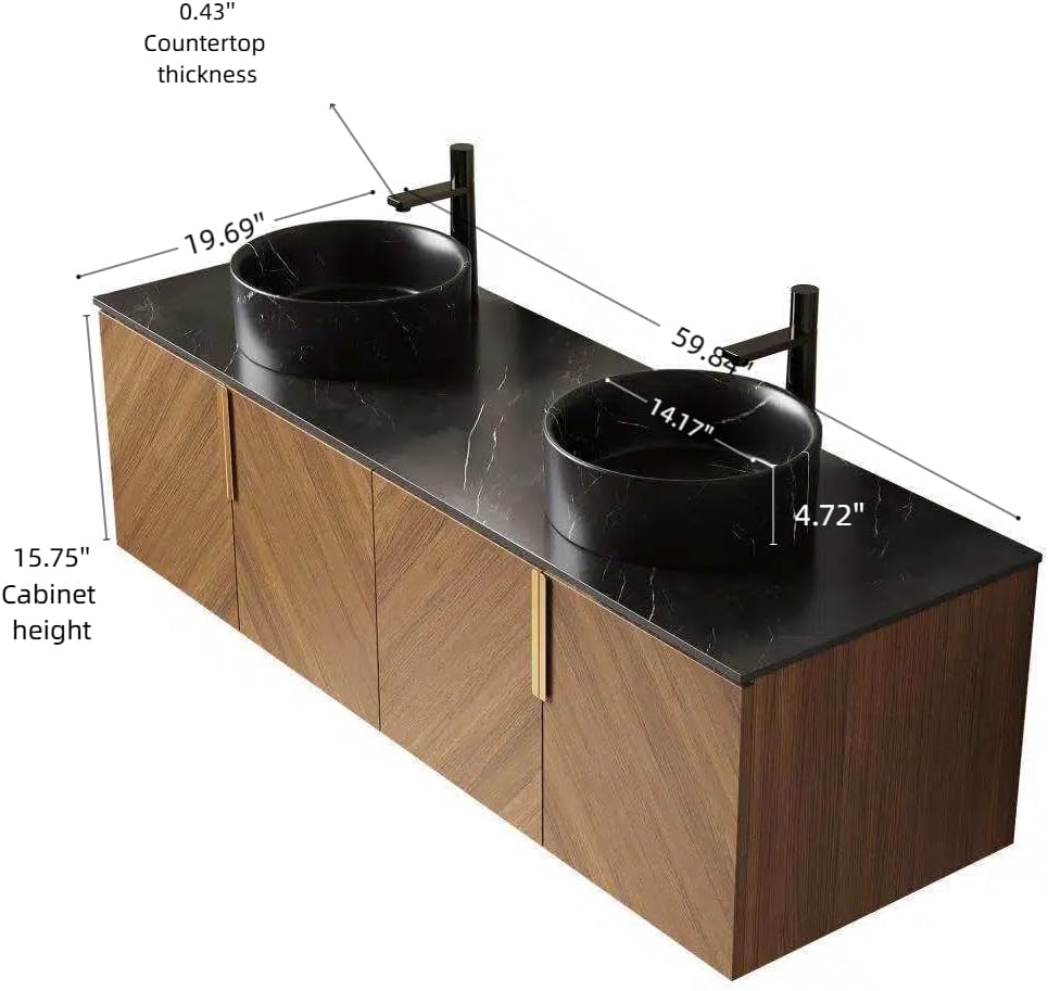60' Double Sink Bathroom Vanity with Sink Combo, Floating Vanity with Vessel Sink, Wall-Mounted Plywood Bathroom Vanity Storage Cabinet with 4 Doors & 2 Black Round Basin, Brown Oak