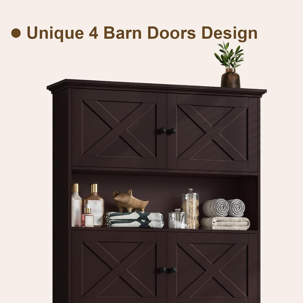 Halitaa Over The Toilet Storage Cabinet, Farmhouse Storage Cabinet Over Toilet with 4 Barn Doors & Toilet Paper Holder Stand, Espresso Toilet Shelf Home Space Saver for Restroom, Bathroom, Laundry